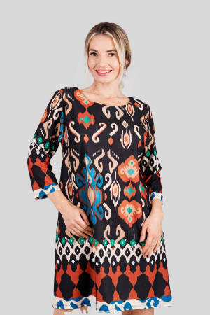 Rochie neagra cu imprimeuri mandala multicolore si maneci trei sferturi [1]