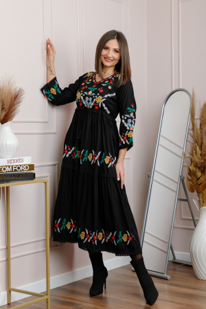 Rochii traditionale - Rochie neagra cu motiv floral multicolor Violeta 01