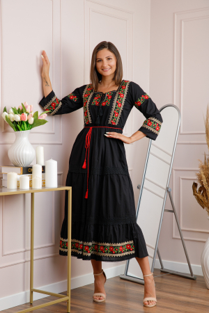 Rochii traditionale - Rochie neagra cu motiv floral rosu Corina 01