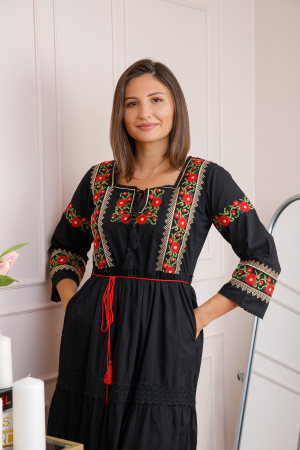 Rochie neagra cu motiv floral rosu Corina 01 [1]