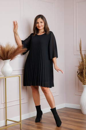 Rochie neagra din voal plisat cu maneci 3/4 Tina [2]