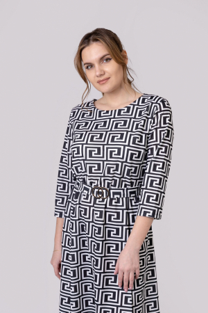Rochie office alb-negru cu imprimeu geometric si cordon in talie [3]