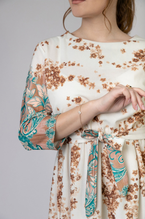 Rochie office alba cu imprimeuri florale maro si turcoaz si cordon in talie [1]