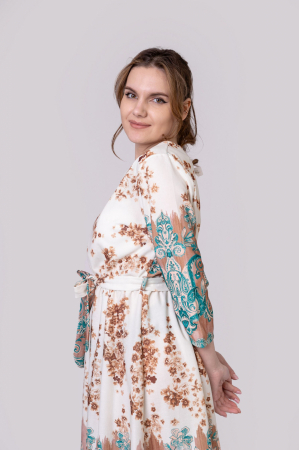 Rochie office alba cu imprimeuri florale maro si turcoaz si cordon in talie [3]