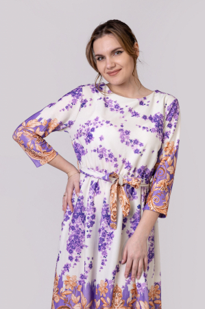 Rochie office alba cu imprimeuri florale mov si crem si cordon in talie [3]