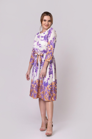 Rochie office alba cu imprimeuri florale mov si crem si cordon in talie [2]