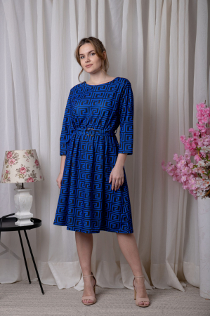 Rochie office albastra cu imprimeu geometric negru si cordon in talie [0]