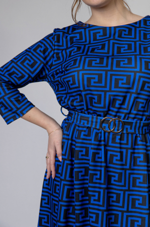 Rochie office albastra cu imprimeu geometric negru si cordon in talie [1]