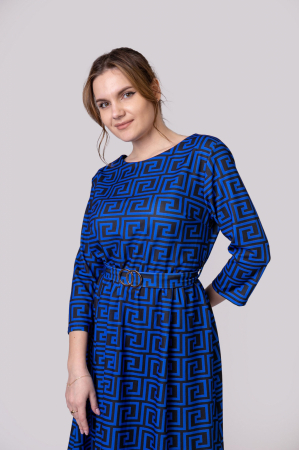 Rochie office albastra cu imprimeu geometric negru si cordon in talie [3]