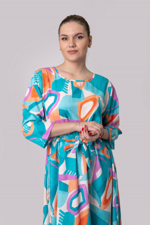 Rochie office albastra cu imprimeuri geometrice orange si cordon in talie [3]