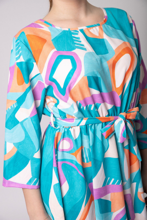 Rochie office albastra cu imprimeuri geometrice orange si cordon in talie [1]