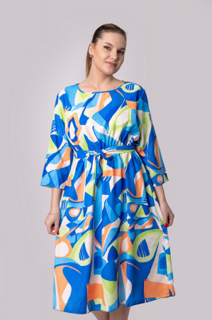 Rochie office albastra cu imprimeuri geometrice verzi si cordon in talie [3]