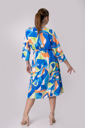 Rochie office albastra cu imprimeuri geometrice verzi si cordon in talie [2]