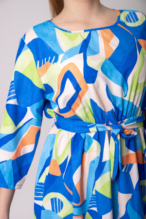 Rochie office albastra cu imprimeuri geometrice verzi si cordon in talie [1]