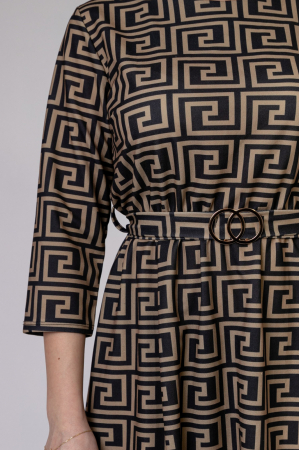 Rochie office bej cu imprimeu geometric negru si cordon in talie [1]