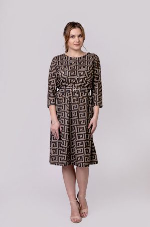 Rochie office bej cu imprimeu geometric negru si cordon in talie [2]