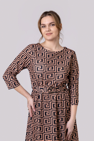 Rochie office crem cu imprimeu geometric negru si cordon in talie [3]