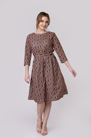 Rochie office crem cu imprimeu geometric negru si cordon in talie [2]