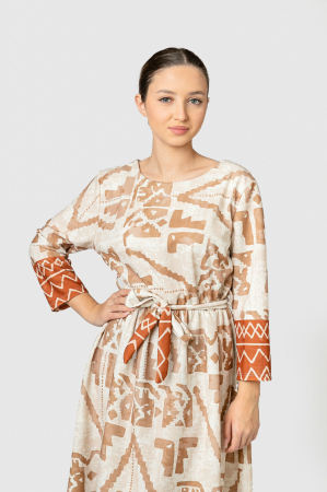 Rochie office crem cu imprimeuri geometrice maro si cordon in talie [2]