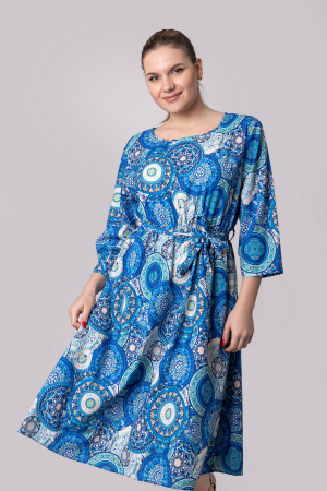 Rochie office cu imprimeuri mandala albastre si cordon in talie [3]