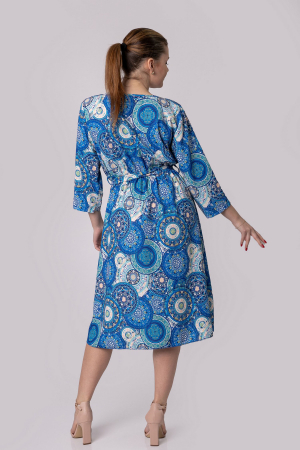 Rochie office cu imprimeuri mandala albastre si cordon in talie [2]