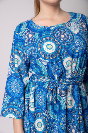 Rochie office cu imprimeuri mandala albastre si cordon in talie [1]