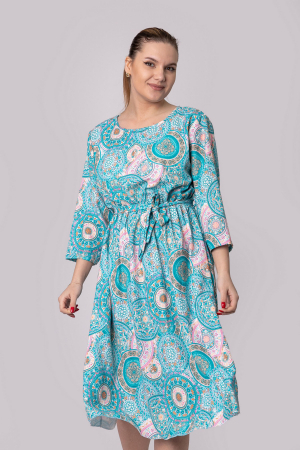 Rochie office cu imprimeuri mandala bleu si cordon in talie [3]