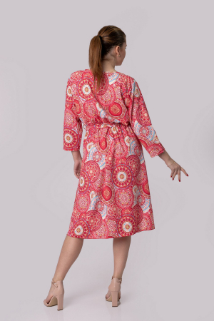 Rochie office cu imprimeuri mandala rosii si cordon in talie [2]