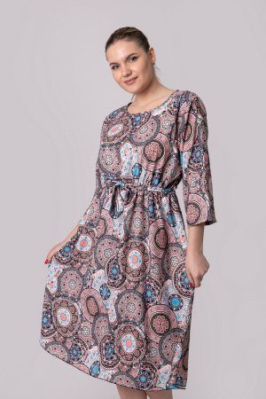 Rochie office cu imprimeuri mandala roz si cordon in talie [3]