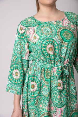 Rochie office cu imprimeuri mandala verzi si cordon in talie [1]