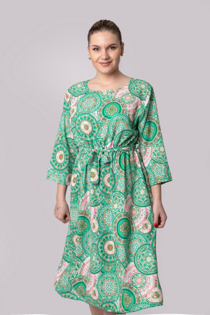 Rochie office cu imprimeuri mandala verzi si cordon in talie [3]