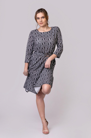 Rochie office gri cu imprimeu geometric negru si cordon in talie [2]