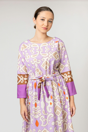 Rochie office lila cu imprimeuri geometrice crem si cordon in talie [2]