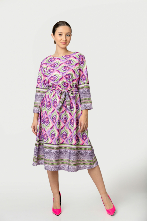 Rochii - Rochie office lila cu imprimeuri mandala si cordon in talie