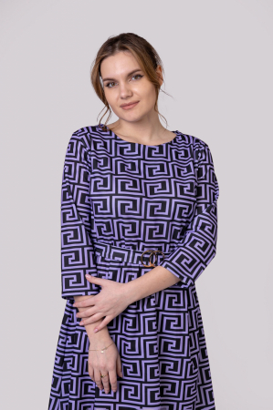 Rochie office mov cu imprimeu geometric negru si cordon in talie [3]