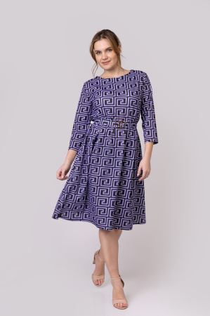 Rochie office mov cu imprimeu geometric negru si cordon in talie [2]