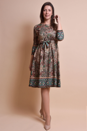 Rochie office multicolora cu imprimeuri florale verzi si cordon in talie [5]