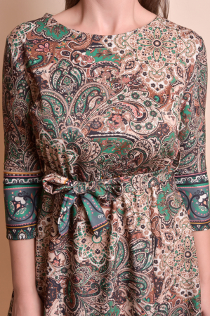 Rochie office multicolora cu imprimeuri florale verzi si cordon in talie [1]