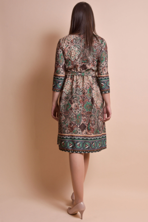 Rochie office multicolora cu imprimeuri florale verzi si cordon in talie [4]