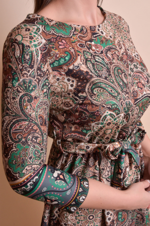 Rochie office multicolora cu imprimeuri florale verzi si cordon in talie [3]