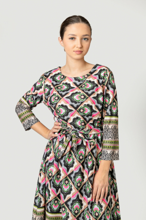 Rochie office multicolora cu imprimeuri mandala si cordon in talie [2]