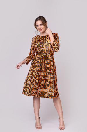 Rochie office orange cu imprimeu geometric negru si cordon in talie [2]