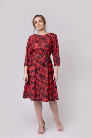 Rochie office rosie cu imprimeu geometric negru si cordon in talie [2]