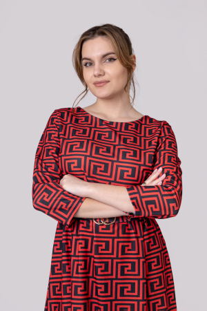 Rochie office rosie cu imprimeu geometric negru si cordon in talie [3]