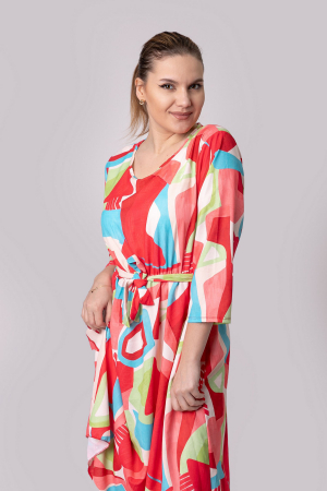 Rochie office rosie cu imprimeuri geometrice albastre si cordon in talie [3]