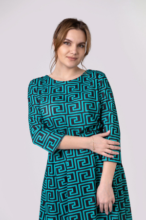 Rochie office turcoaz cu imprimeu geometric negru si cordon in talie [3]