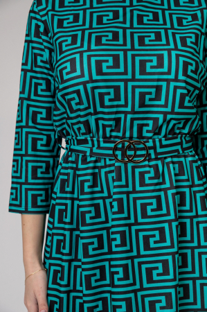 Rochie office turcoaz cu imprimeu geometric negru si cordon in talie [1]