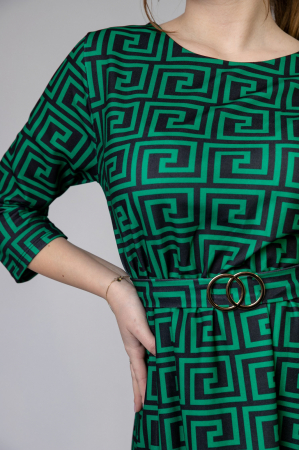 Rochie office verde cu imprimeu geometric negru si cordon in talie [1]