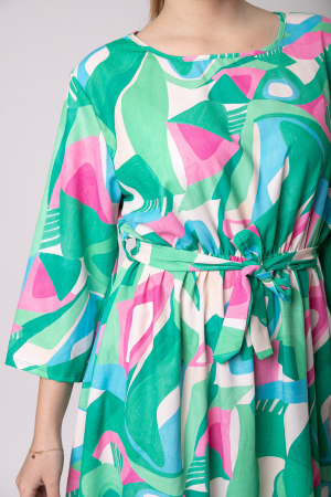Rochie office verde cu imprimeuri geometrice roz si cordon in talie [1]
