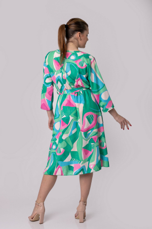 Rochie office verde cu imprimeuri geometrice roz si cordon in talie [2]